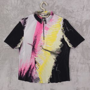 Jamie Sadock Top Shirt Women Size M 1/4 Zip Abstract Crinkle Short Sleeves Artsy